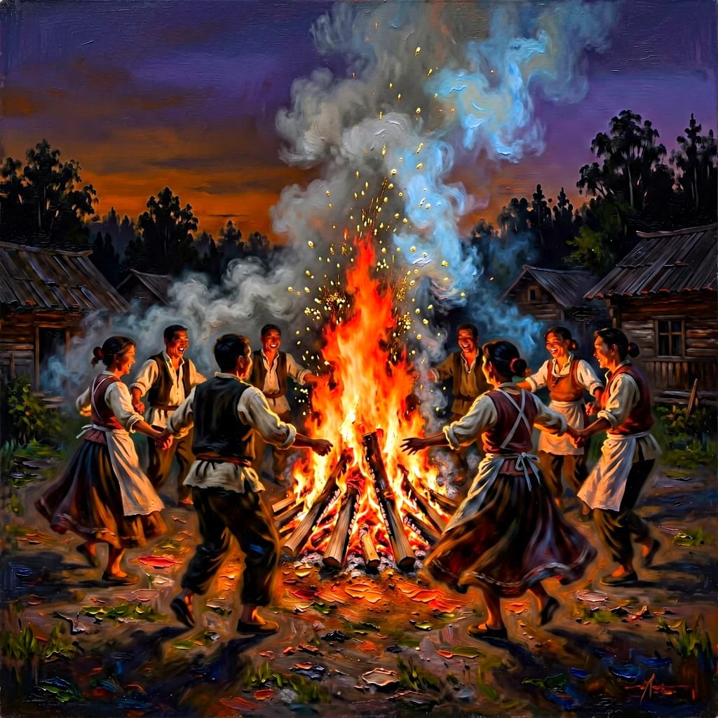 Make an oil painting of villagers dancing by a bonfire at dusk, a bit smoky.