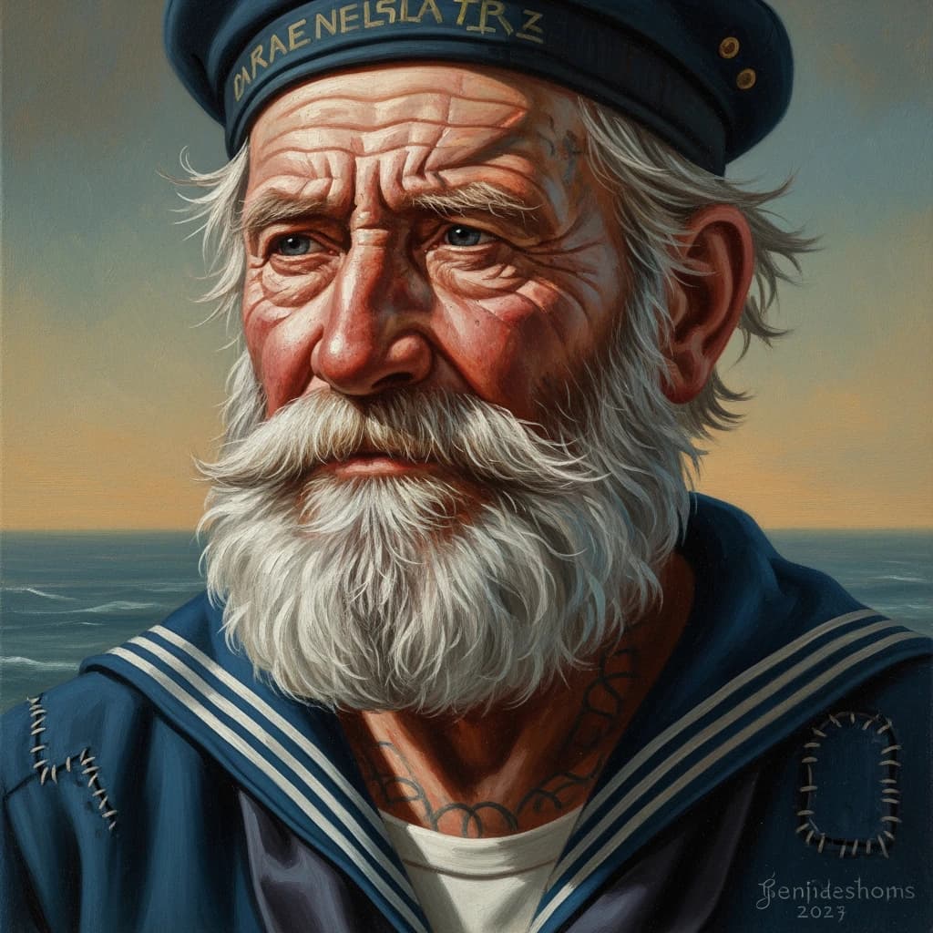 Oil on canvas portrait of an elderly sailor, weathered face, soft light.