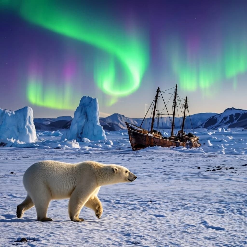 An endless tundra stretches outward, littered with jagged icebergs shaped like cathedral spires. A polar bear trudges across the foreground but leaves no tracks. Auroras ripple overhead. A half-buried shipwreck juts from the snow — sails billowing despite the still air.