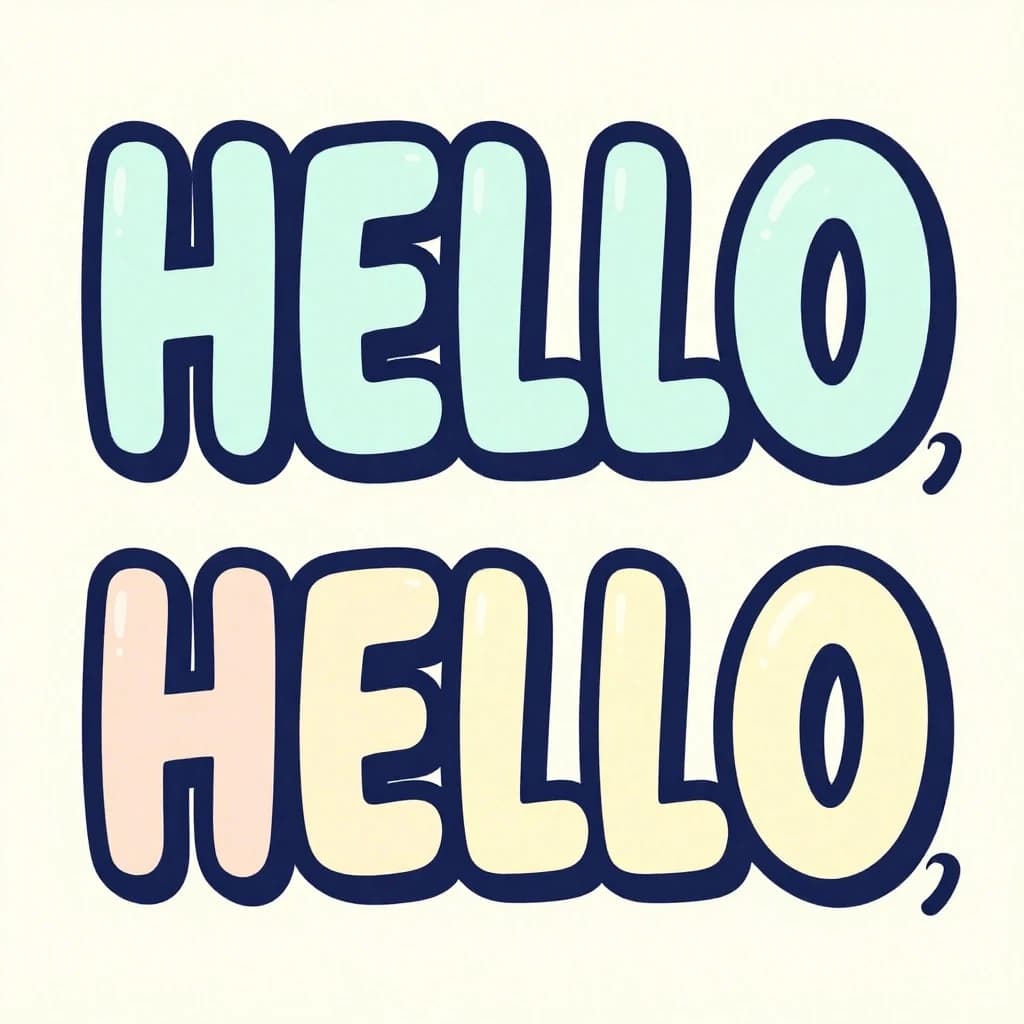 Make a bold bubble-letter poster that says HELLO, pastel palette, thick outline.