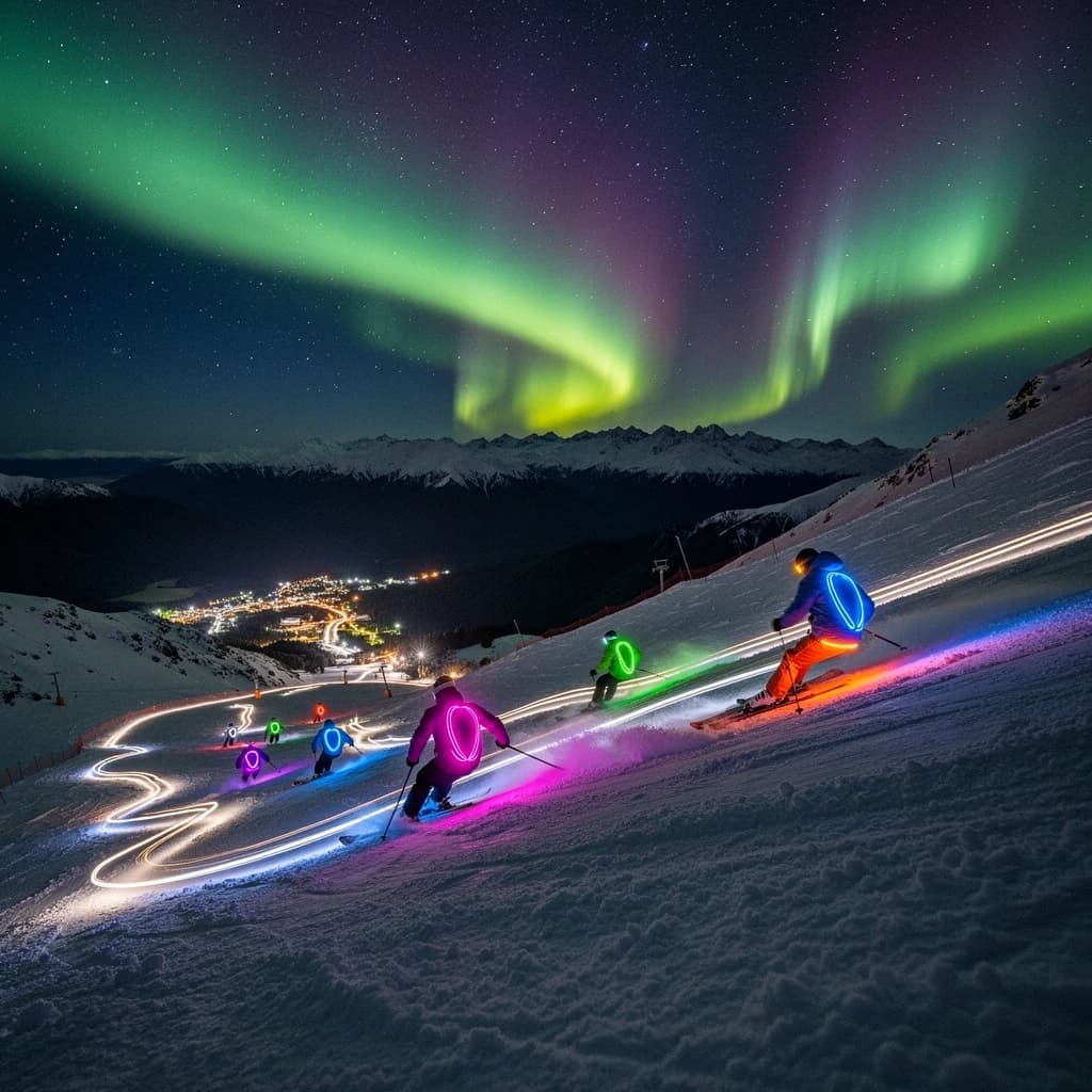 Coronet Peak Night Skiing: Skiers in colorful LED suits carve their way down the slopes of New Zealand's Coronet Peak under the Aurora Borealis, the skiers' light trails visible behind them