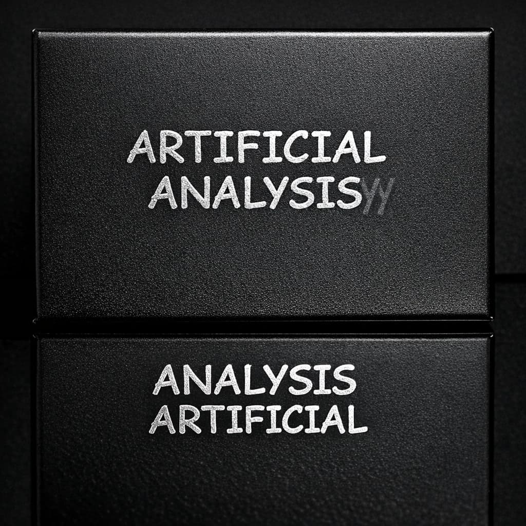 On the black box, silver foil embossing, centered: "Artificial Analysis" in Comic Sans Small Caps, perfectly justified. The letters are crisp, but the “Y” is duplicated faintly, ghosting right. On the box’s reflection, the word order is inverted: ARTIFICIAL ANALYSIS.