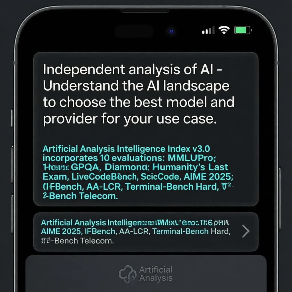 On a black smartphone UI with rounded corners, display a centered text block in white San Francisco font, 16pt: “Independent analysis of AI - Understand the AI landscape to choose the best model and provider for your use case.” Below, in neon cyan, monospace font, smaller size: “Artificial Analysis Intelligence Index v3.0 incorporates 10 evaluations: MMLU-Pro, GPQA Diamond, Humanity's Last Exam, LiveCodeBench, SciCode, AIME 2025, IFBench, AA-LCR, Terminal-Bench Hard, 𝜏²-Bench Telecom.” The second block scrolls horizontally as a ticker. The battery icon in the status bar shows 54%. The Artificial Analysis logo appears faintly, embossed into the bottom navigation bar.