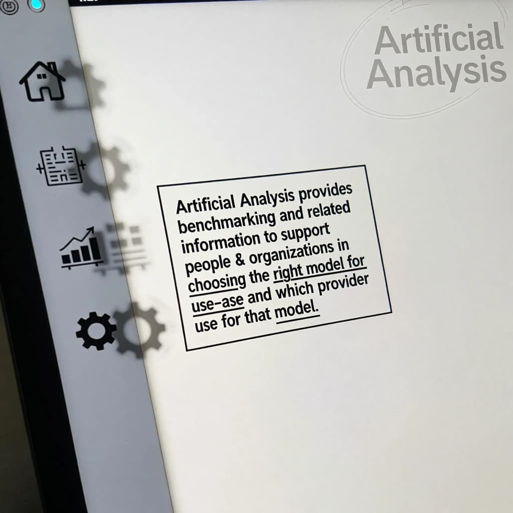 On a high-resolution dashboard mockup with a clean white background, display a centered text module in Helvetica Neue Regular, 18pt, black: “Artificial Analysis provides benchmarking and related information to support people & organizations in choosing the right model for their use-case and which provider to use for that model.” The text box is justified, but the final word wraps awkwardly onto its own line. To the left, a vertical navigation bar in light gray with three icons - home, chart, and settings - aligned evenly but casting misaligned shadows. In the upper right, the Artificial Analysis logo appears faintly, semi-transparent, watermarked over the corner of the interface.