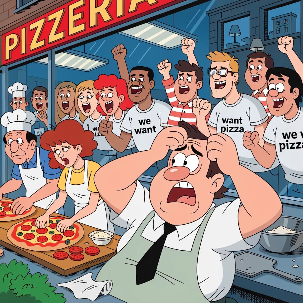 Pasquale is pulling his few remaining hairs out over a disaster at the pizzeria - the cooks are working as fast as they can but the crowds outside are swelling and they demand hot hot pizza! They are banging on the glass and some are wearing "we want pizza" shirts. 1980s western TV animation style.