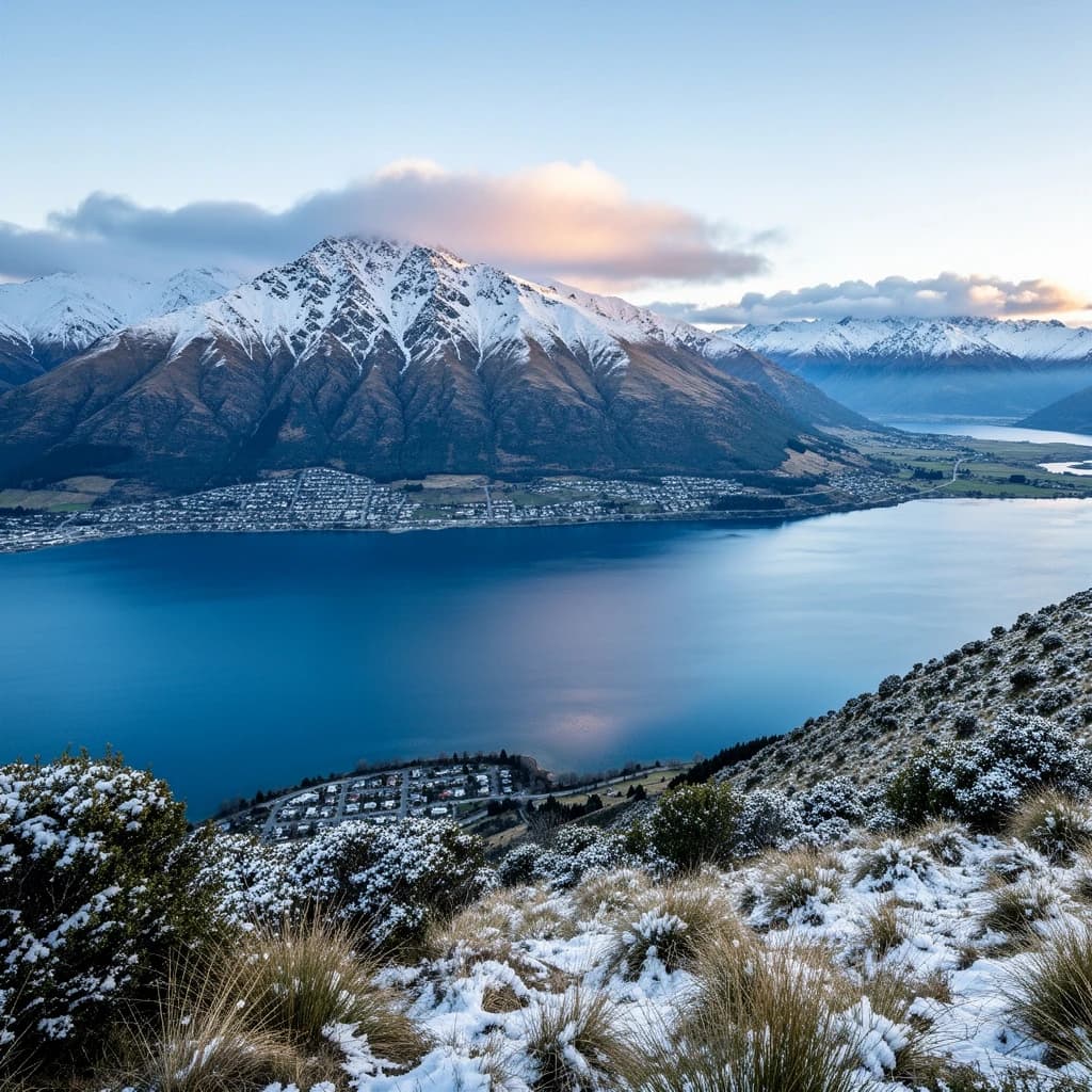 Queenstown's Lake Wakatipu, viewed from the top of Queenstown Hill after a snowstorm just dusted the top of Cecil's Peak