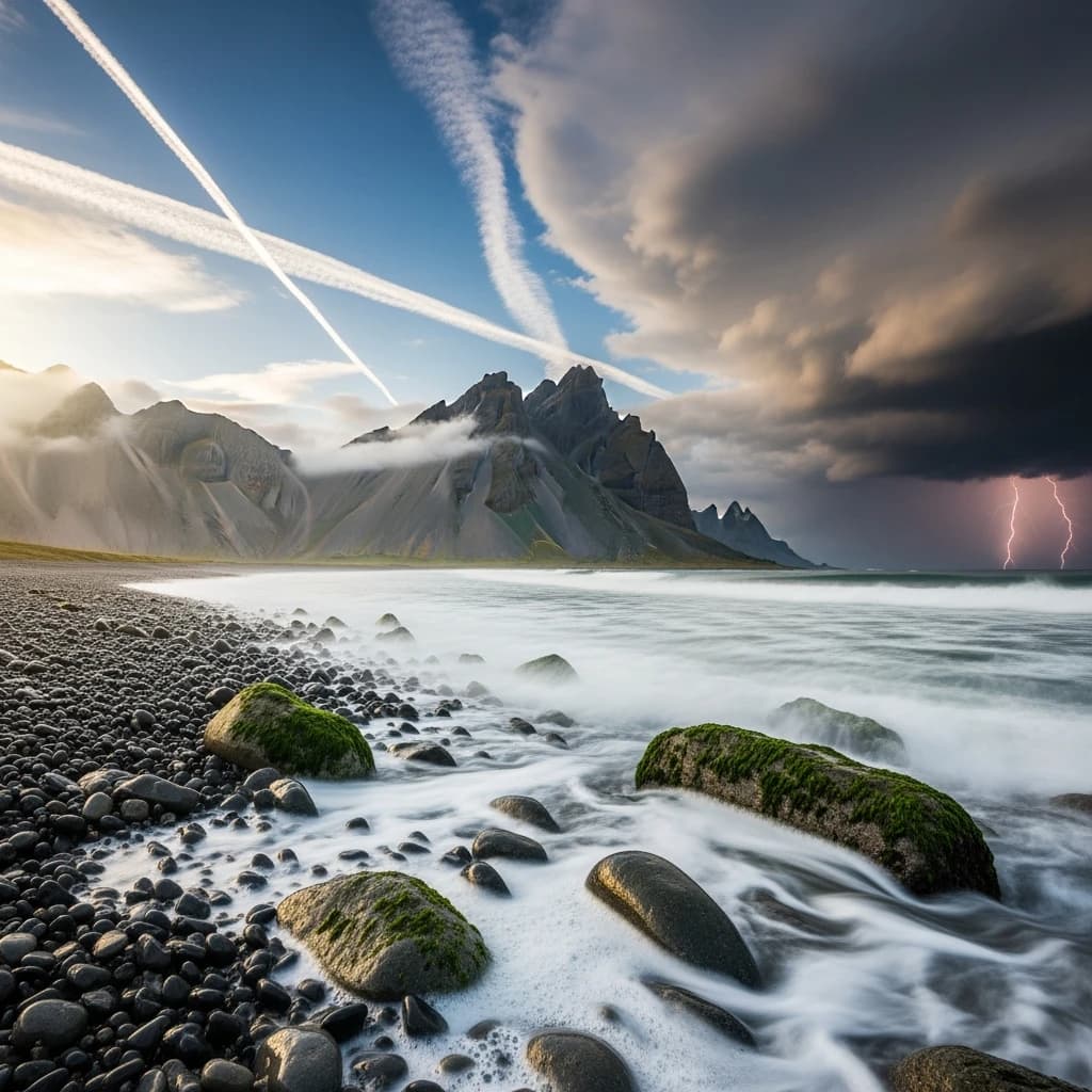 A stunning mountain vista pokes through the cloud top. Contrails from a distant airplane linger in the air. In the foreground there is a stony beach with foamy seas. A thunder storm is visibile in the distant right.