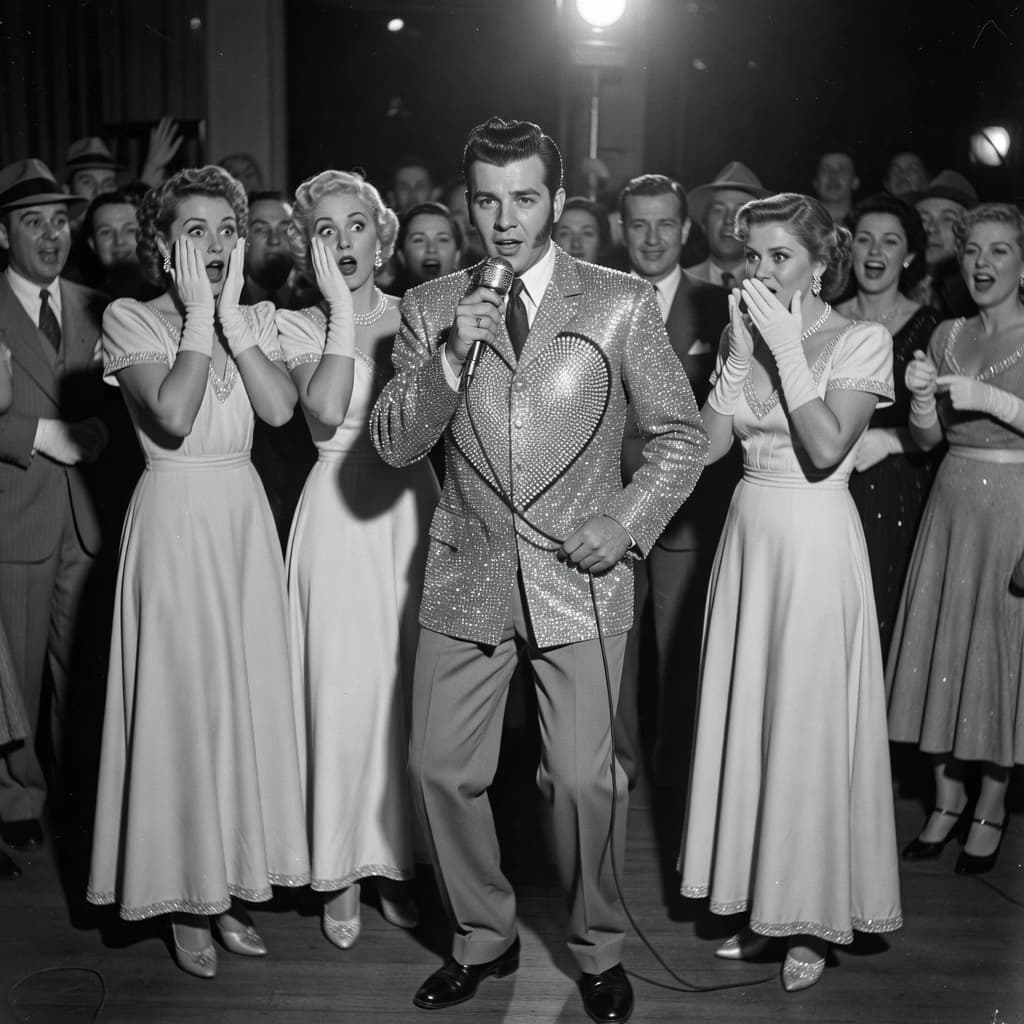 An archival image from 1953 of the rock singer swinging his hips on the stage while glamorous back up singers feign shock at his gyrations! He wears a diamond encrusted jacket with the stones arranged in the shape of a heart