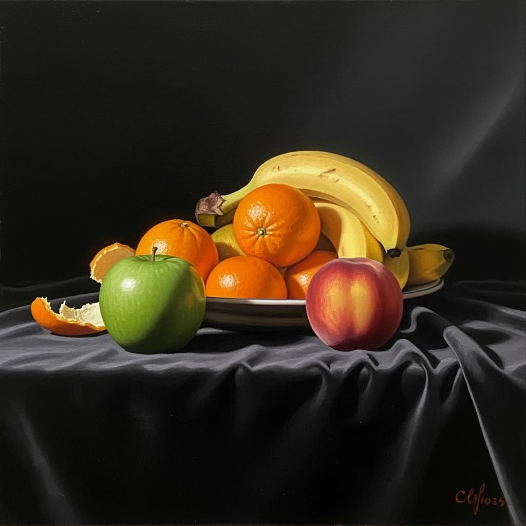 A still life scene painted oil on canvas, comprising various fruits on a black table cloth with striking lighting coming from the right out of frame, creating strong shadows. A bruised green apple is in the foreground, a peach behind it, and behind that a melange of oranges and bananas in various states of ripeness. Berries are strewn in front of the apple. The artist has signed his name "Artificial Analysis" in the bottom right corner in a hurried fashion.