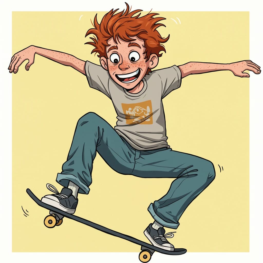 A cel-shaded portrait of a freckled skateboarder, messy red hair, bright grin.