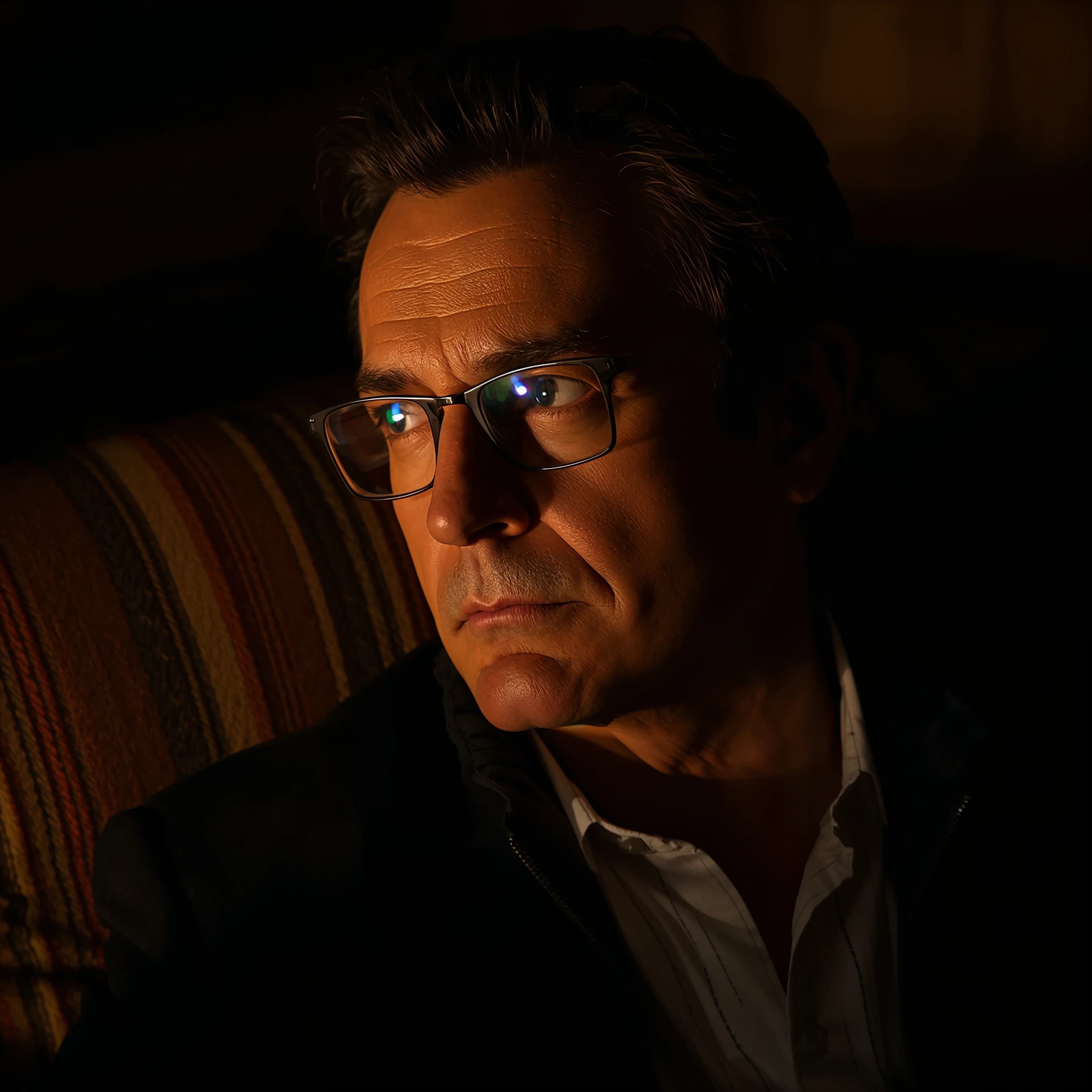 A sharply lit portrait of a middle-aged man wearing thin-rimmed glasses and a dark jacket over a white collared shirt. He gazes intently to the side, his face half illuminated by warm light while the background recedes into deep shadow. The expression is thoughtful, almost wary, as if caught mid-conversation. Behind him, a striped cushion in muted reds and blacks adds subtle texture, contrasting with the crisp highlights on his forehead and glasses. The overall mood is contemplative and cinematic, balancing warmth with tension.