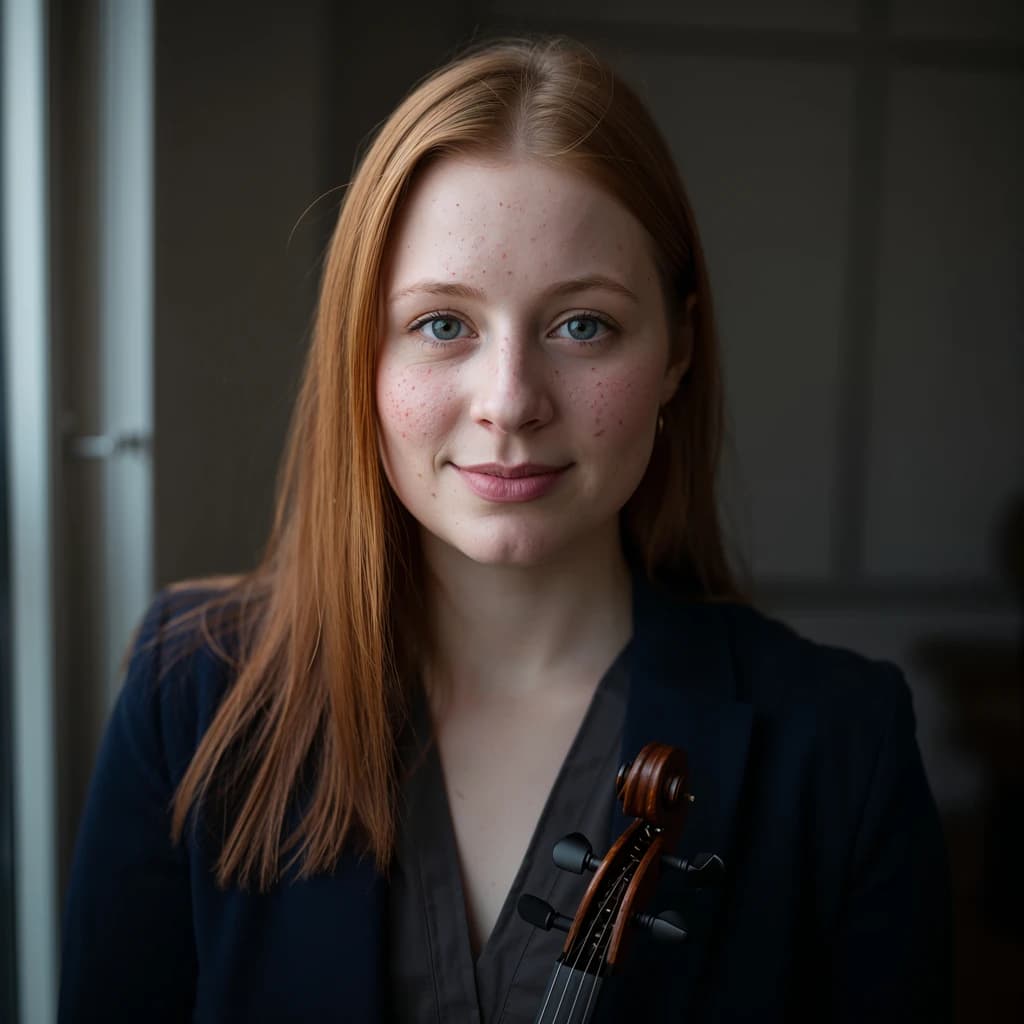 Capture a head-and-shoulders portrait of a freckled red-haired violinist in a navy blazer, soft window light, 85mm at f/1.8, gently smiling yet serious eyes, muted tones.
