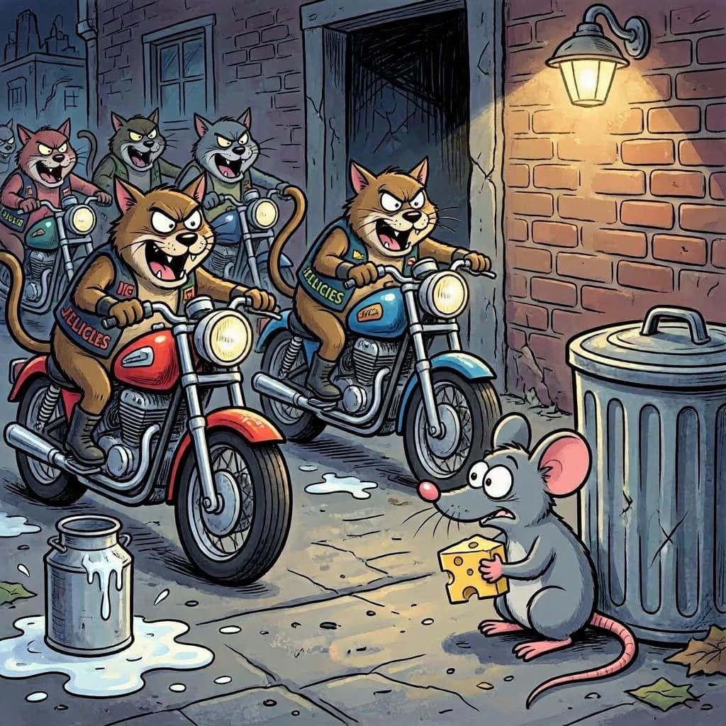 The cartoon rat clenches his thin wedge of cheese and trembles in fear as he hides from the menacing Jellicles, the roaming cat motorcycle gang, all wearing their colors with the name on the back. The cats have all drunk far too much milk and are causing a big ruckus! One cat is close to finding the rat