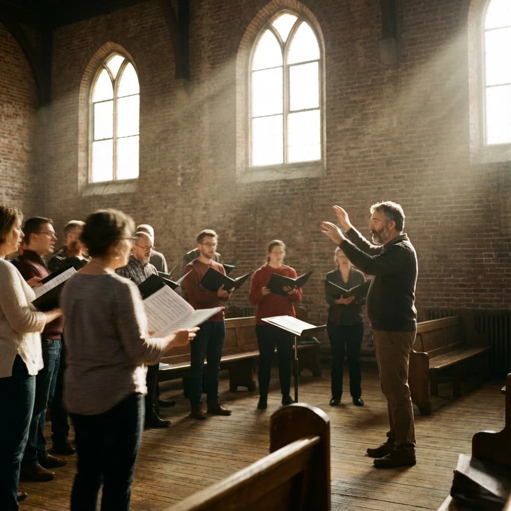 A choir rehearses in a brick hall as somewhat dramatic morning light falls through high windows, with a patient conductor mid-gesture, open scores, intent faces, slight motion blur.