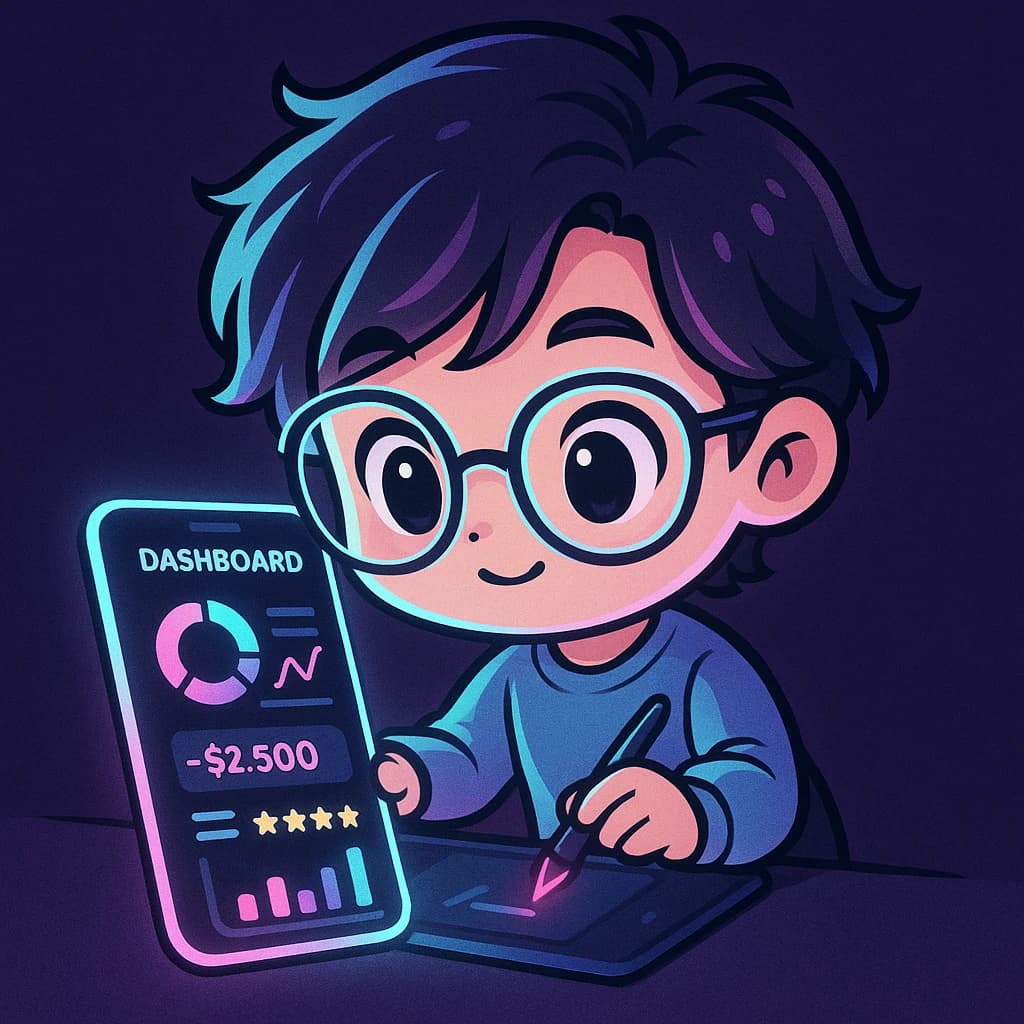 A chibi artist crafts a sleek mobile dashboard, neon pastel glow.