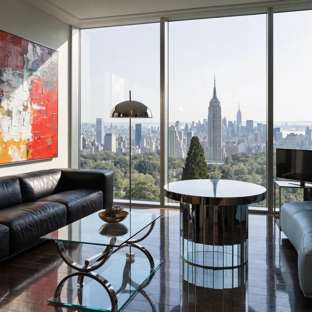 My apartment overlooks Central Park. It’s very luxurious, very expensive, and the furniture is minimal — a black leather couch, a glass coffee table with chrome legs, an Arne Jacobsen floor lamp. A big-screen television set rests on a steel shelving unit. A David Onica painting hangs above the couch. There’s a stainless steel and glass cocktail table. A powder-blue sofa. A thirty-inch digital TV.