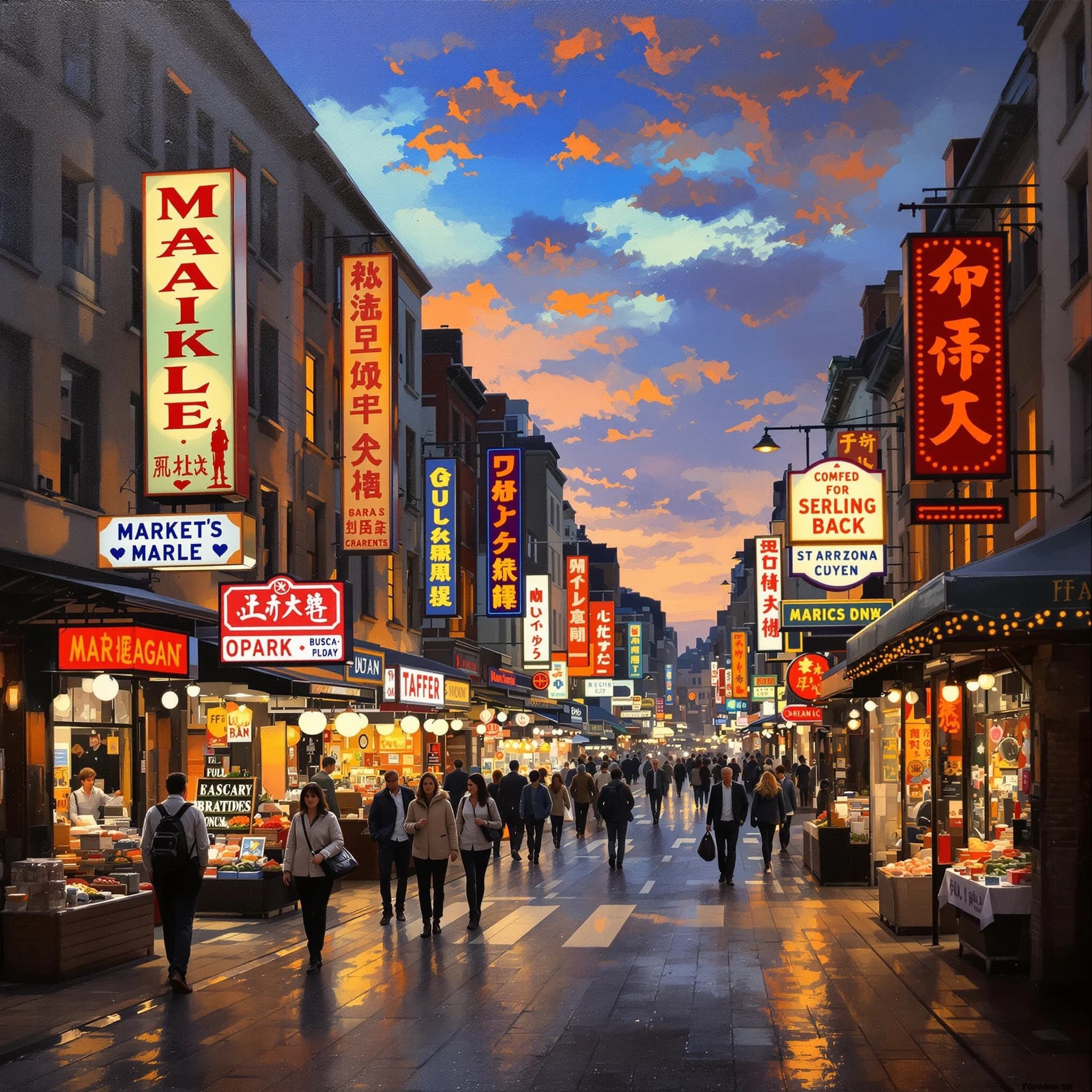 I want an oil painting of a busy market street with gaudy shop signs at dusk.