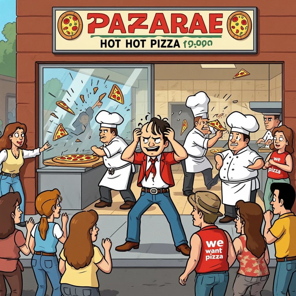 Pasquale is pulling his few remaining hairs out over a disaster at the pizzeria - the cooks are working as fast as they can but the crowds outside are swelling and they demand hot hot pizza! They are banging on the glass and some are wearing "we want pizza" shirts. 1980s western TV animation style.