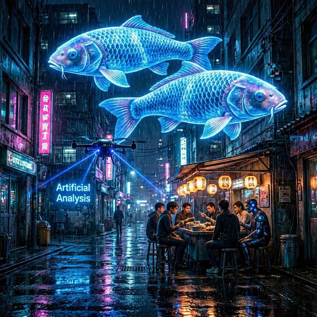 A neon alley in Neo-Tokyo 2142 drips with rain Cybernetic patrons slurp ramen at a stall with their glowing implants humming with blue light. Three giant holographic koi hover 10 metres above the ground and swim across the skyline, one has clipped into a building. A six-prop drone hovers nearby, projecting "Artificial Analysis" onto a wall with blue laser beams visible