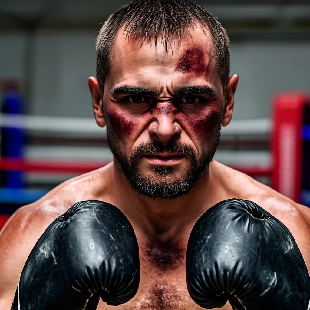 Paint a bruised boxer smiling, serious expression.