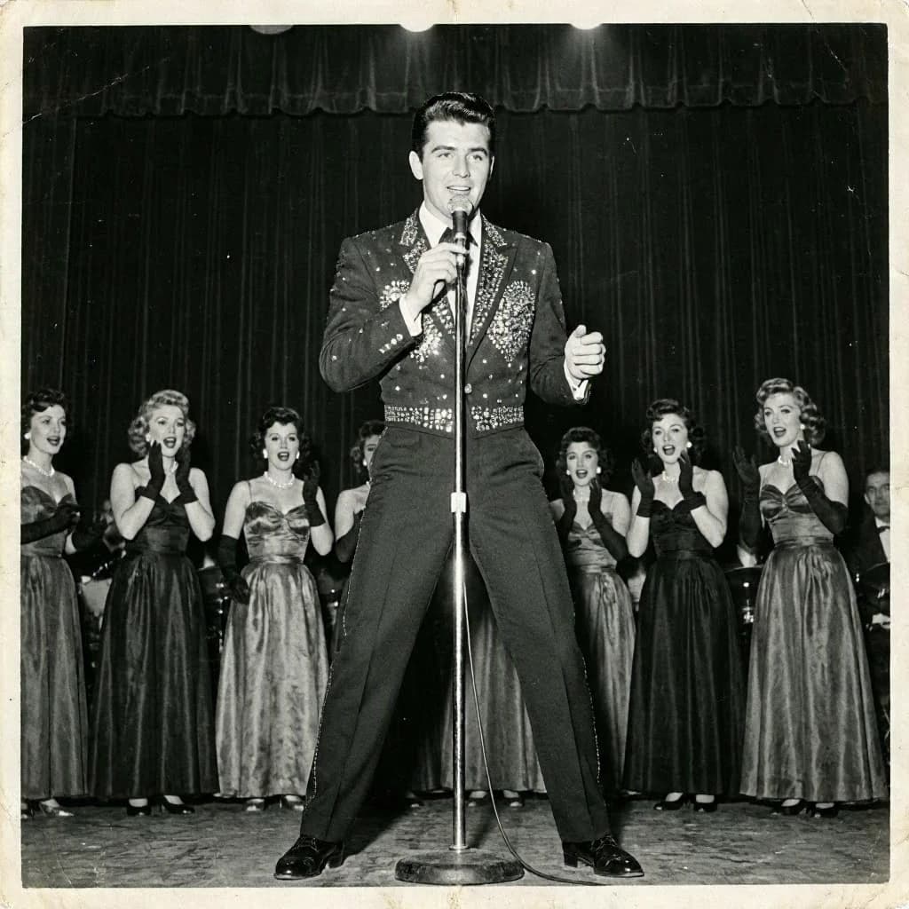 An archival image from 1953 of the rock singer swinging his hips on the stage while glamorous back up singers feign shock at his gyrations! He wears a diamond encrusted jacket with the stones arranged in the shape of a heart