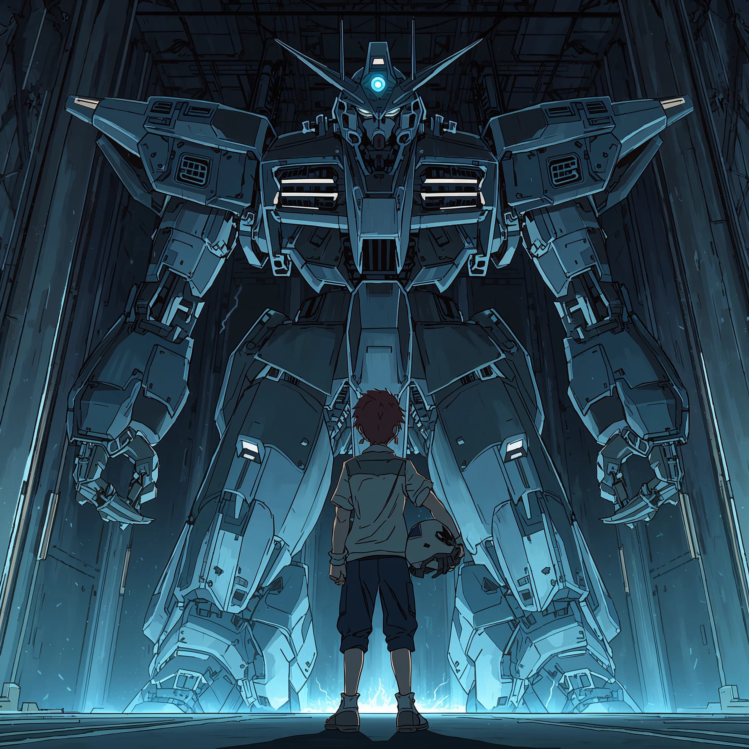 A teenage pilot grips his helmet under one arm, standing at the edge of a glowing hangar bay. Before him looms a sleek, steel-blue mech, its eyes lit with a cold electric glare. His school uniform is rumpled, a sharp contrast to the machine’s flawless plating. The vast scale engulfs him in shadow, emphasizing both awe and dread. Hand-drawn anime style.