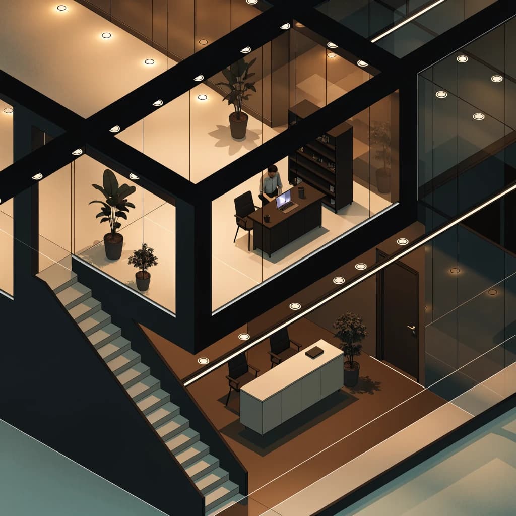 Isometric 3D lobby, glass walls, warm lights, slightly moody, soft shadows.
