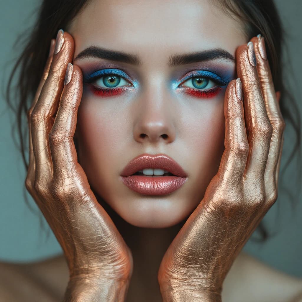 A striking close-up portrait of a woman with cracked metallic copper-painted hands framing her face. Her vivid blue and red eye makeup contrasts sharply with the smooth, pale skin and muted background, creating a bold, surreal composition. She displays an air of uncertainty about her