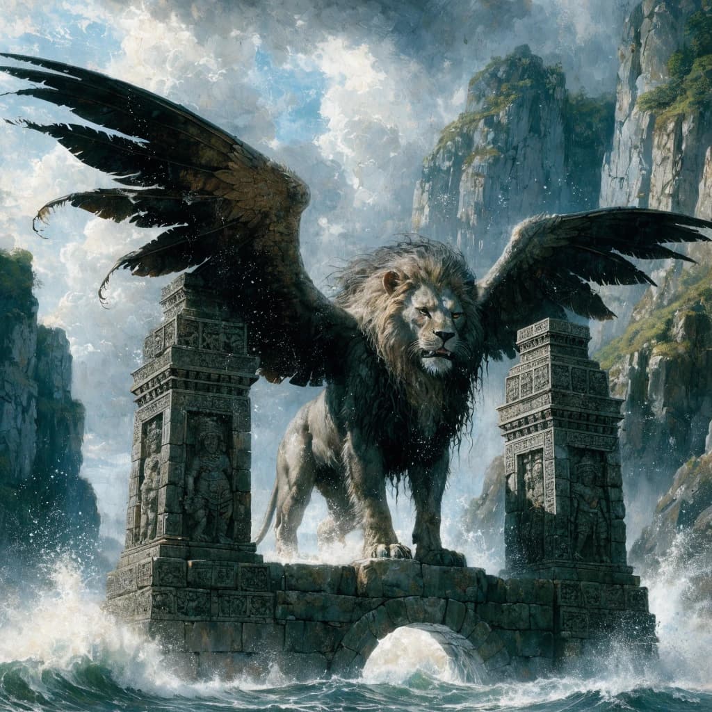 Paint an illuminated manuscript scene of a winged lion guarding a sea gate.