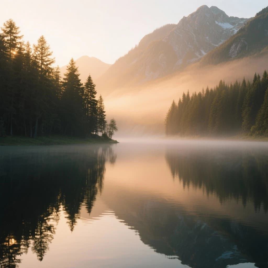 I want a photo of a misty alpine lake at dawn, pines, glassy water, warm light.