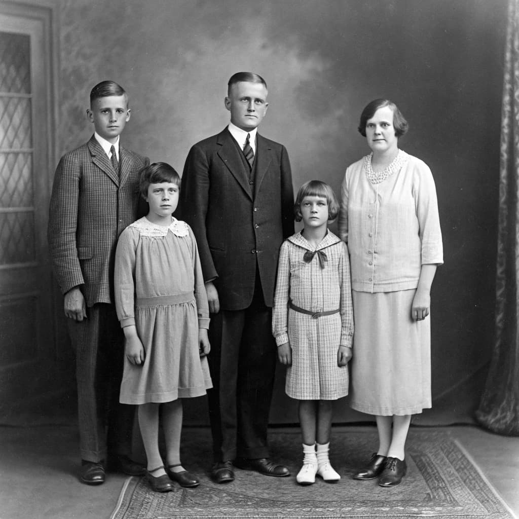 Everybody holds still and nobody smiles for the family portrait. It's 1928 in Kansas