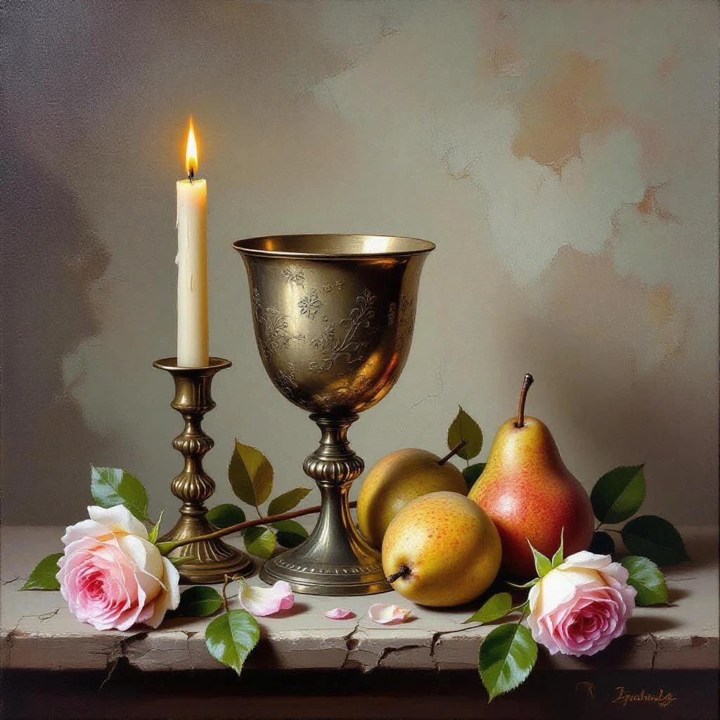 Create an oil on canvas still life with a tarnished goblet, bruised pears, and wilted roses, lit by a single candle; a bit muted palette, soft brushwork, subtle craquelure.