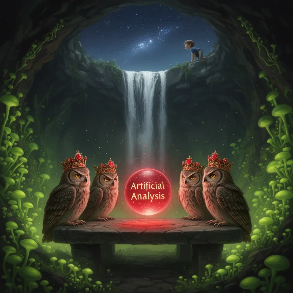 In a cavern lined with bioluminescent fungi glowing lime green, the council of owls wear jeweled crowns that glimmer with rubies, their wings folded behind their backs. Dust coats the stone table, a glowing orb inscribed with “Artificial Analysis” hovers above the table illuminating the owls with its red pulsating light. Behind them, a waterfall falls upward into a ceiling that opens onto stars - a child looks down in wonder from above at what he has stumbled across.