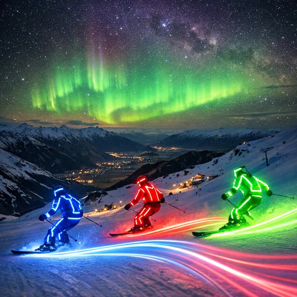 Coronet Peak Night Skiing: Skiers in colorful LED suits carve their way down the slopes of New Zealand's Coronet Peak under the Aurora Borealis, the skiers' light trails visible behind them