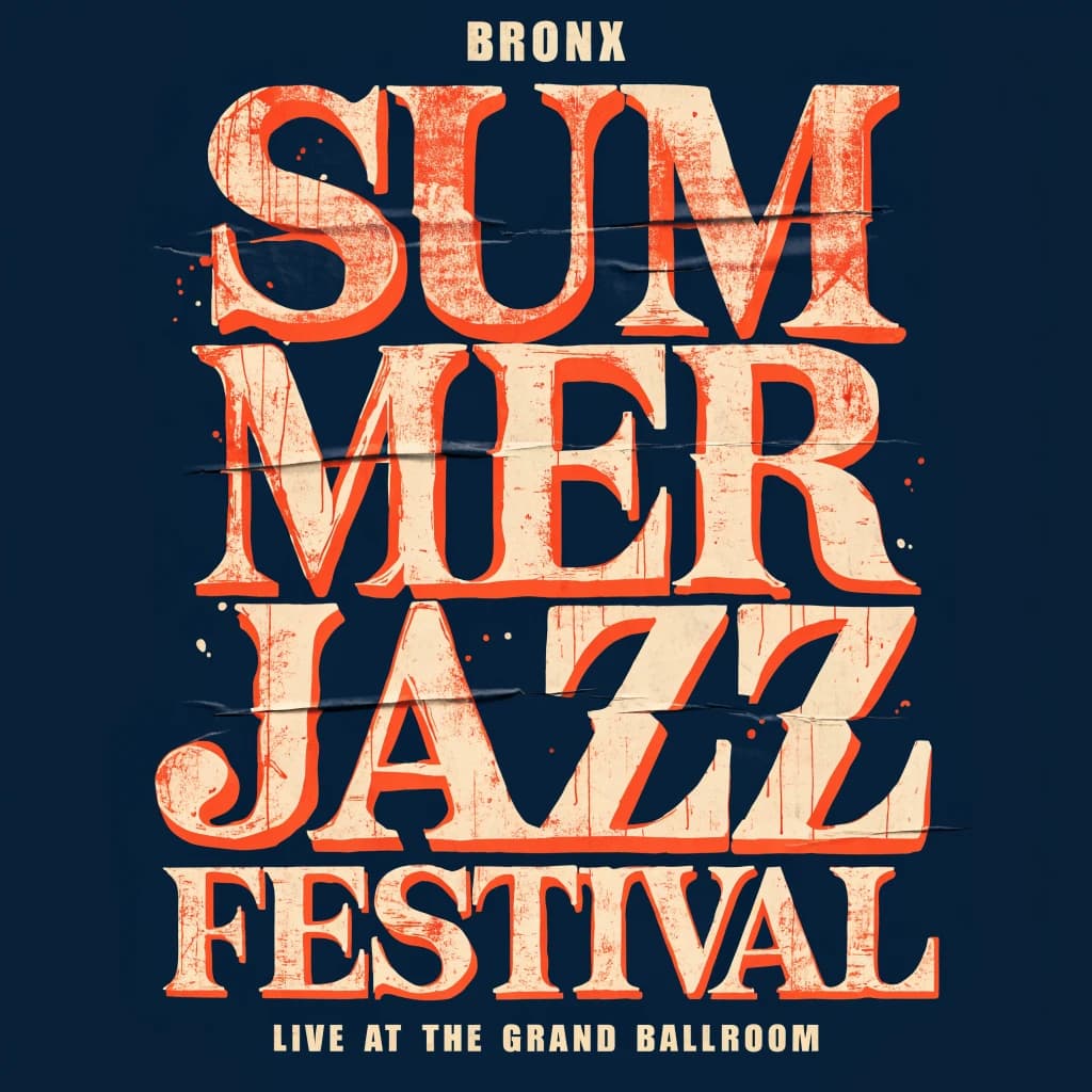 Make a 1960s concert poster featuring bold wood type, misaligned ink, creases.