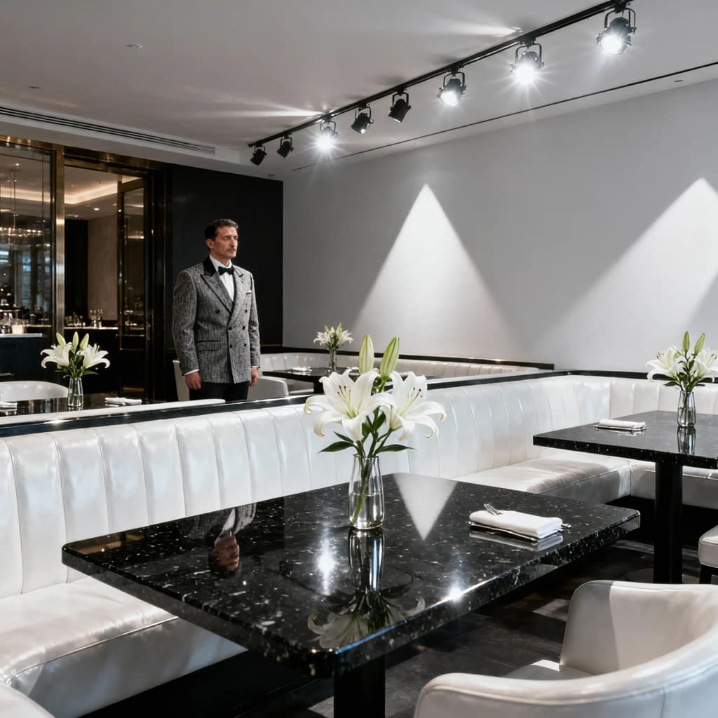 The place is almost empty. The banquettes are covered in white leather, the tables black granite, and the entire room is bathed in halogen track lighting that seems too bright. The maître d’ wears a double-breasted wool crepe jacket. There are lilies on every table.