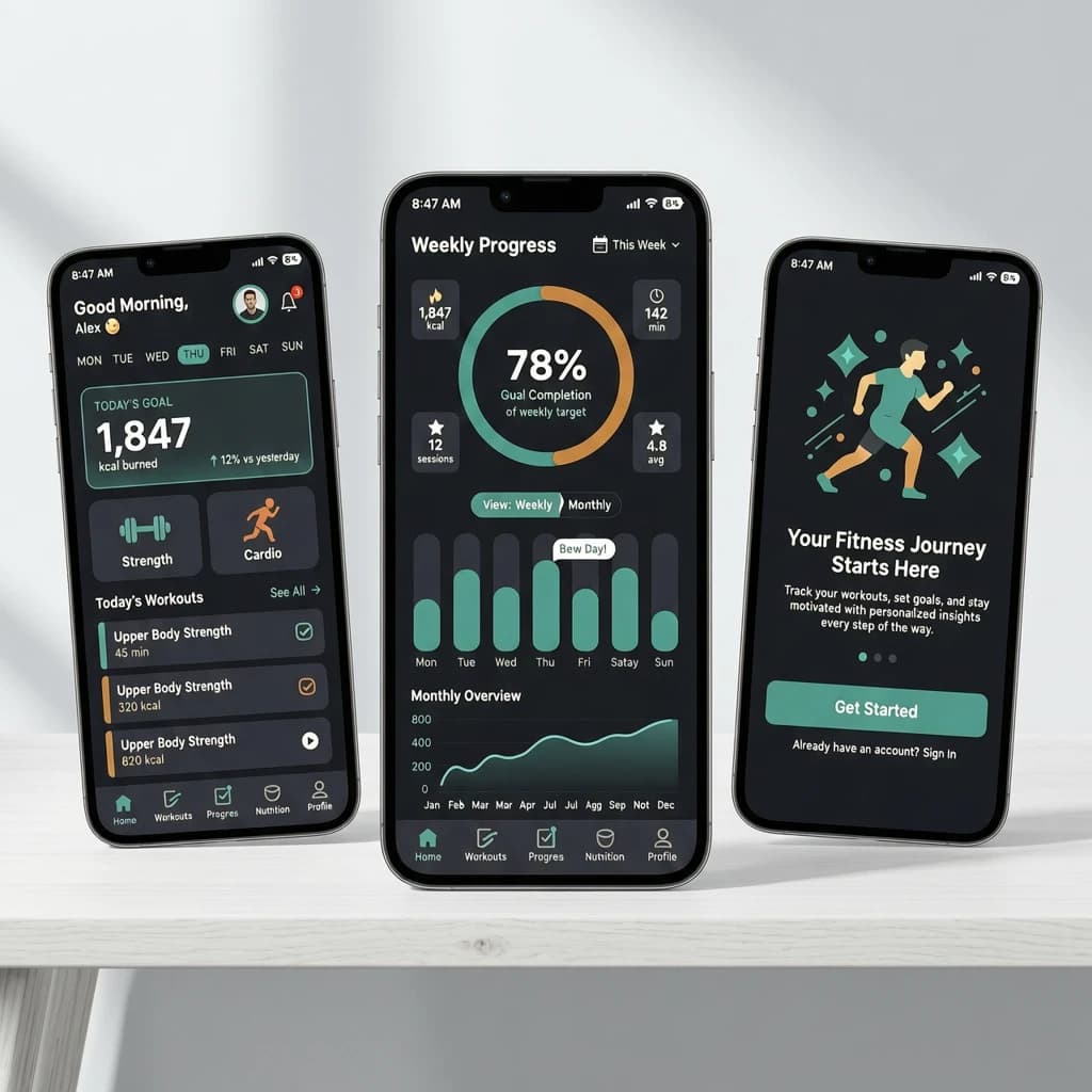 Sleek mobile fitness app screens on a desk: dark mode home, progress dashboard, simple onboarding, clear 8 pt grid, slightly oversized buttons for thumb reach, muted colors.