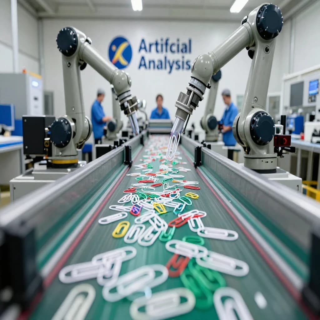 Close up point of view perspective on a conveyor belt pumping out paperclips at a maddening pace. The high tech factory has Artificial Analysis printed proudly on the wall. Robot staff look approvingly over the robust output.