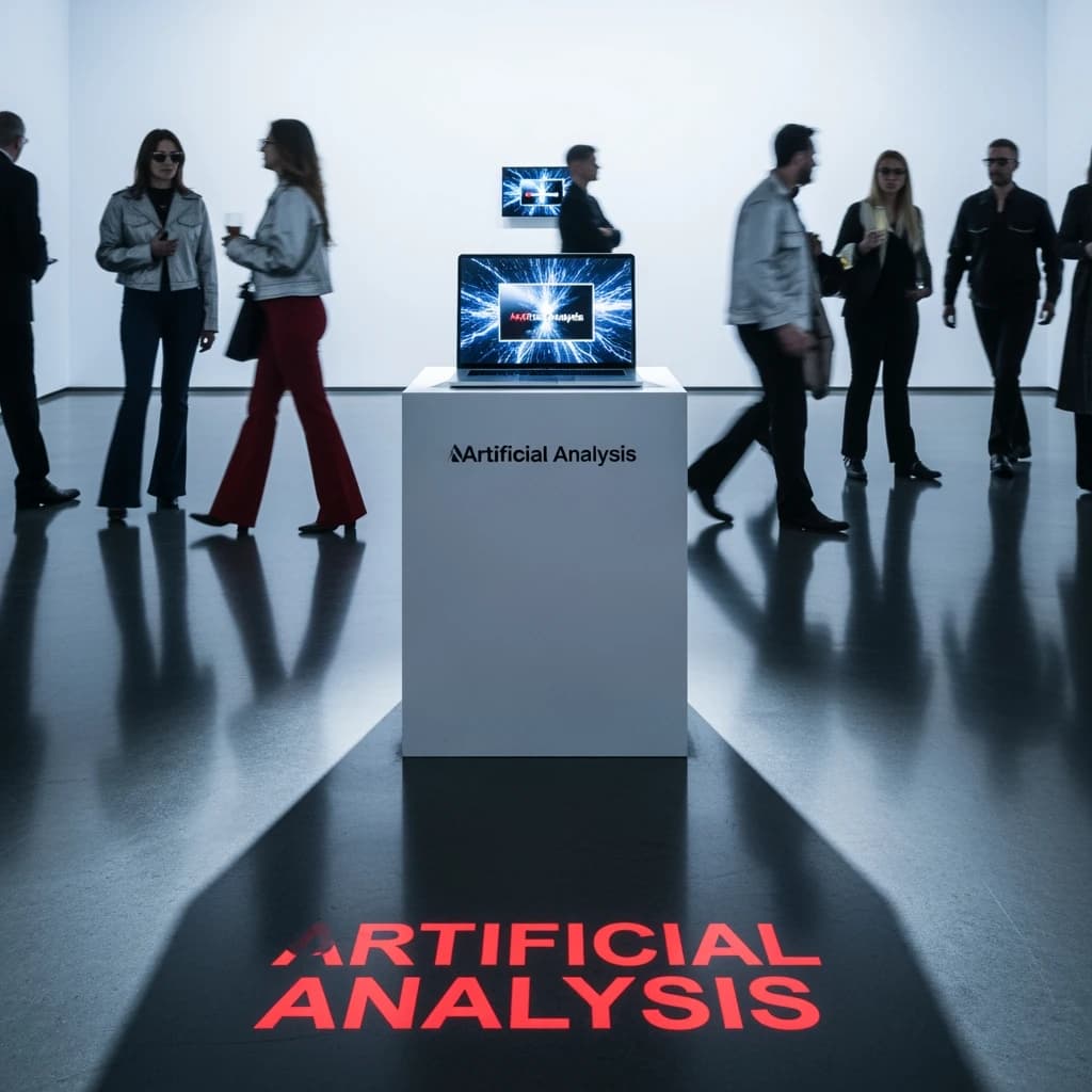 In a spotless gallery space, a pedestal supports a transparent laptop whose screen flickers between static and pristine brand imagery. Shoppers blur past in designer clothes that appear slightly outdated - bell bottoms, metallic jackets. The embossed logo “Artificial Analysis” glints silver, yet its reflection in the glass floor reads in crimson letters. A single spotlight shines, though shadows fall in two directions.