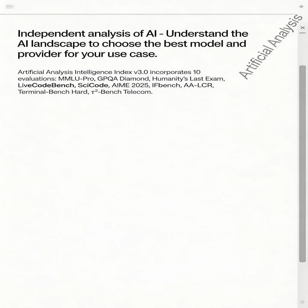 On a white dashboard with thin gray dividers, place a centered header in Helvetica Neue Bold, 20pt: “Independent analysis of AI - Understand the AI landscape to choose the best model and provider for your use case.” Directly beneath, a subheader in smaller Regular weight, 14pt: “Artificial Analysis Intelligence Index v3.0 incorporates 10 evaluations: MMLU-Pro, GPQA Diamond, Humanity's Last Exam, LiveCodeBench, SciCode, AIME 2025, IFBench, AA-LCR, Terminal-Bench Hard, 𝜏²-Bench Telecom.” The header is fully justified but the subheader is left-aligned. In the upper right corner, the Artificial Analysis logo appears watermarked, diagonal, faint gray, partially overlapping the scrollbar.