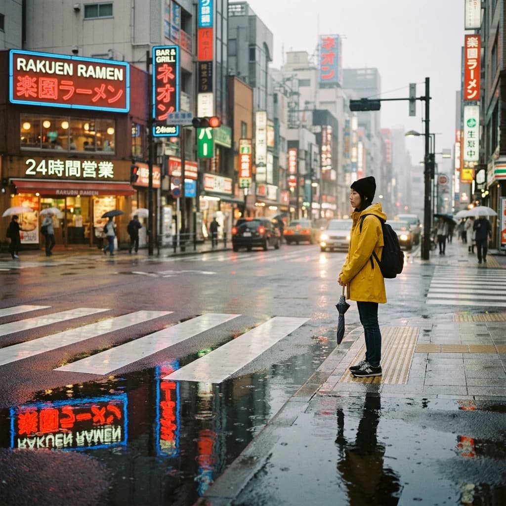 A sunlit city street after rain; puddles mirror neon signs as a woman in a yellow raincoat waits at a crosswalk, soft mist, 50mm look, natural tones, a bit of film grain.