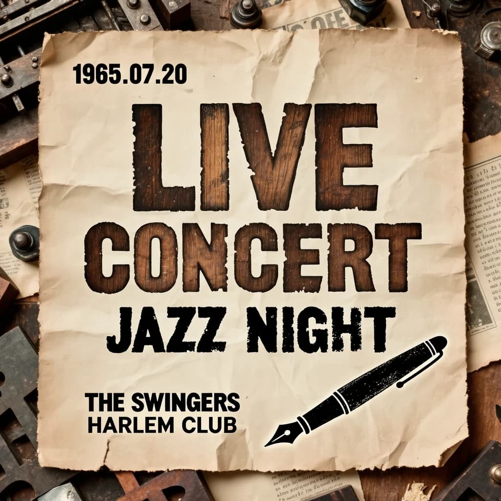Make a 1960s concert poster featuring bold wood type, misaligned ink, creases.