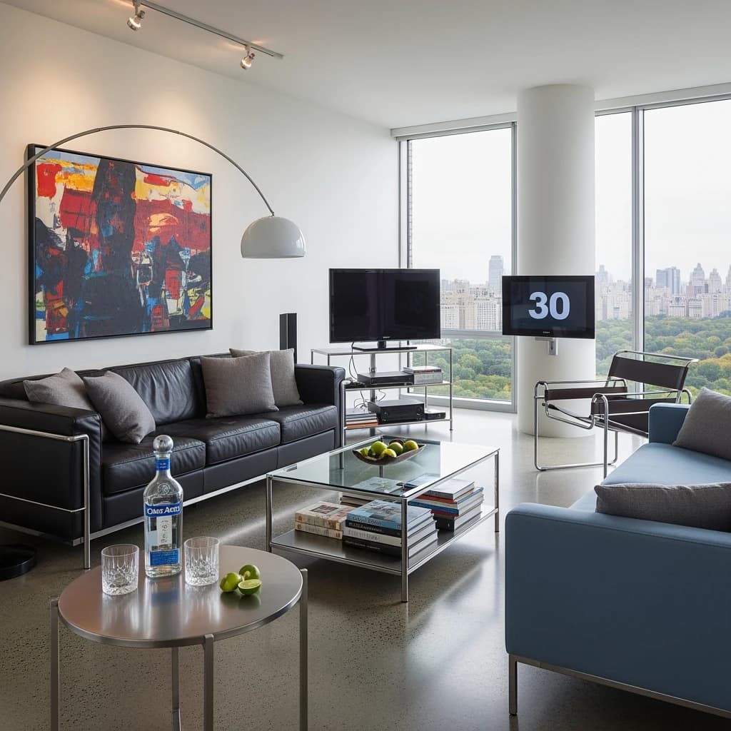 My apartment overlooks Central Park. It’s very luxurious, very expensive, and the furniture is minimal — a black leather couch, a glass coffee table with chrome legs, an Arne Jacobsen floor lamp. A big-screen television set rests on a steel shelving unit. A David Onica painting hangs above the couch. There’s a stainless steel and glass cocktail table. A powder-blue sofa. A thirty-inch digital TV.