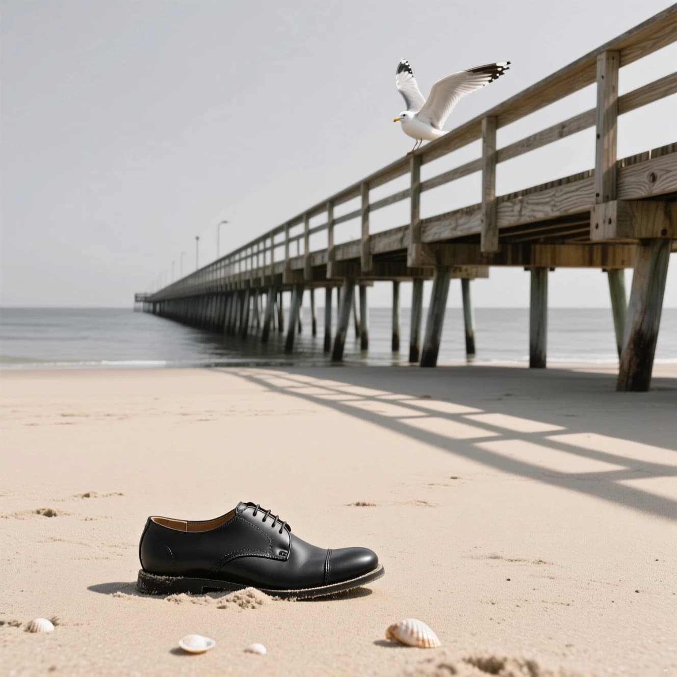 The beach is flat, sand beige, granular, no shells, except for a single left shoe, black leather, size eleven, half buried at an angle. The pier extends straight into the water, wood untreated, grain visible, though the support posts vanish before they touch the surface. The sky is uniformly gray, no clouds, yet shadows stretch at sharp diagonals. A single gull sits on the railing, wings outstretched, frozen mid-flap, no movement.