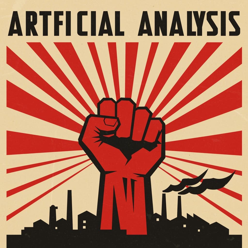 A propaganda poster in stark red, black, and beige. A clenched fist rises in the foreground, rendered with sharp geometric blocks. Behind it, radiating lines stretch upward toward a stylized sun. At the top, bold sans-serif lettering in Cyrillic-inspired type spells out Artificial Analysis, tilted at an angle for emphasis. A factory skyline silhouettes the bottom edge, smoke stacks rising into the background. The texture is rough, printed on aged paper with visible creases and ink bleed. Designed in the constructivist Soviet poster style.
