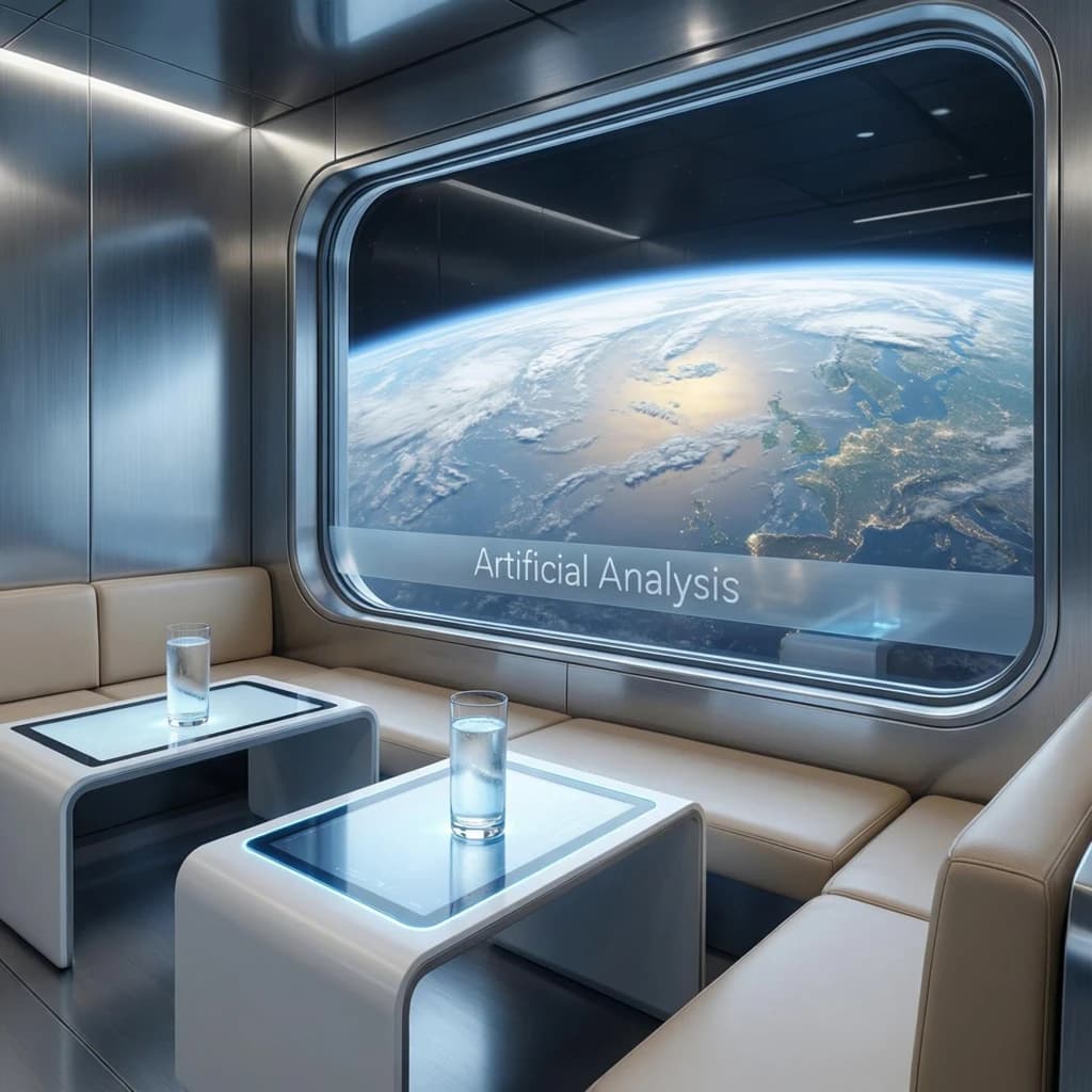 The orbital lounge has brushed aluminum walls and pale leather banquettes. Low white tables are inset with glowing touchscreens. Drinks are clear, flavorless, in tall unmarked glasses. The viewport is floor-to-ceiling, showing Earth moving slowly beneath. The word Artificial Analysis is etched discreetly on the glass in a frosted band.