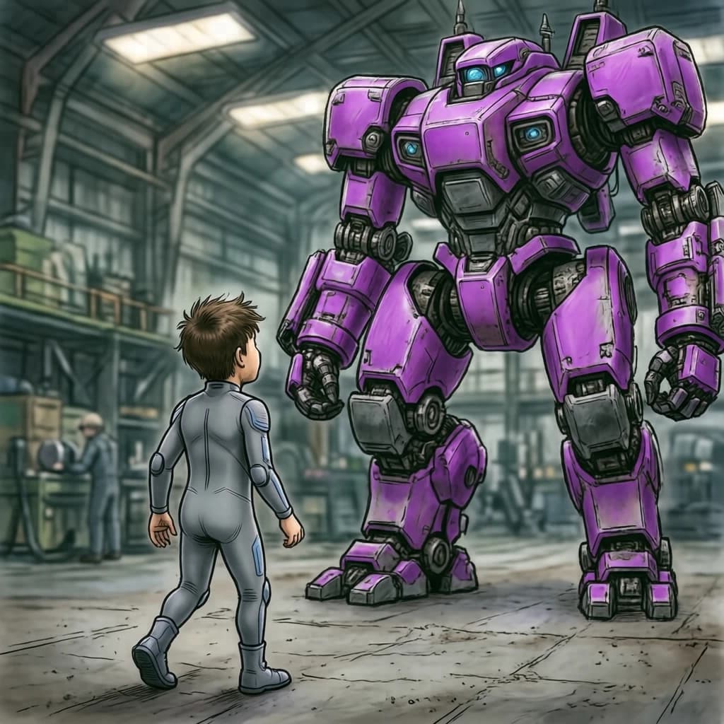 Clad in his body suit up to the neck, young Masa nervously approaches the towering mech with his back facing us. He is nervous for his first time in the field. The mech's bright purple colour scheme contrasts with the grey body suit. The scale of the mech dwarfs Masa. Hand drawn style