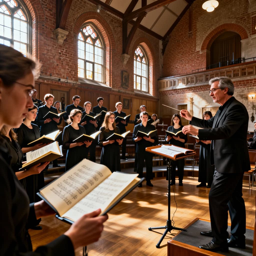 A choir rehearses in a brick hall as somewhat dramatic morning light falls through high windows, with a patient conductor mid-gesture, open scores, intent faces, slight motion blur.