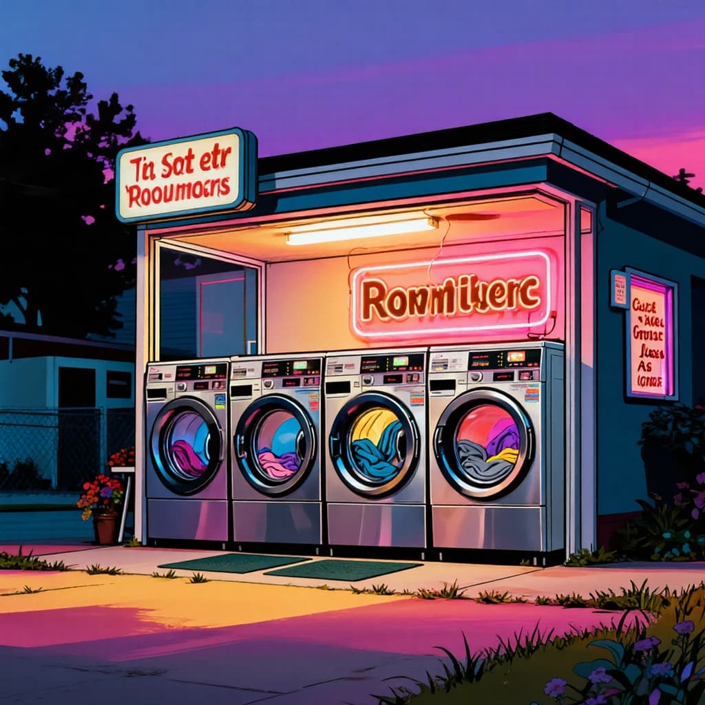 A cozy laundromat at dusk, neon humming, flat colors, bold inked lines.