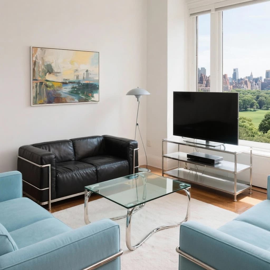 My apartment overlooks Central Park. It’s very luxurious, very expensive, and the furniture is minimal — a black leather couch, a glass coffee table with chrome legs, an Arne Jacobsen floor lamp. A big-screen television set rests on a steel shelving unit. A David Onica painting hangs above the couch. There’s a stainless steel and glass cocktail table. A powder-blue sofa. A thirty-inch digital TV.